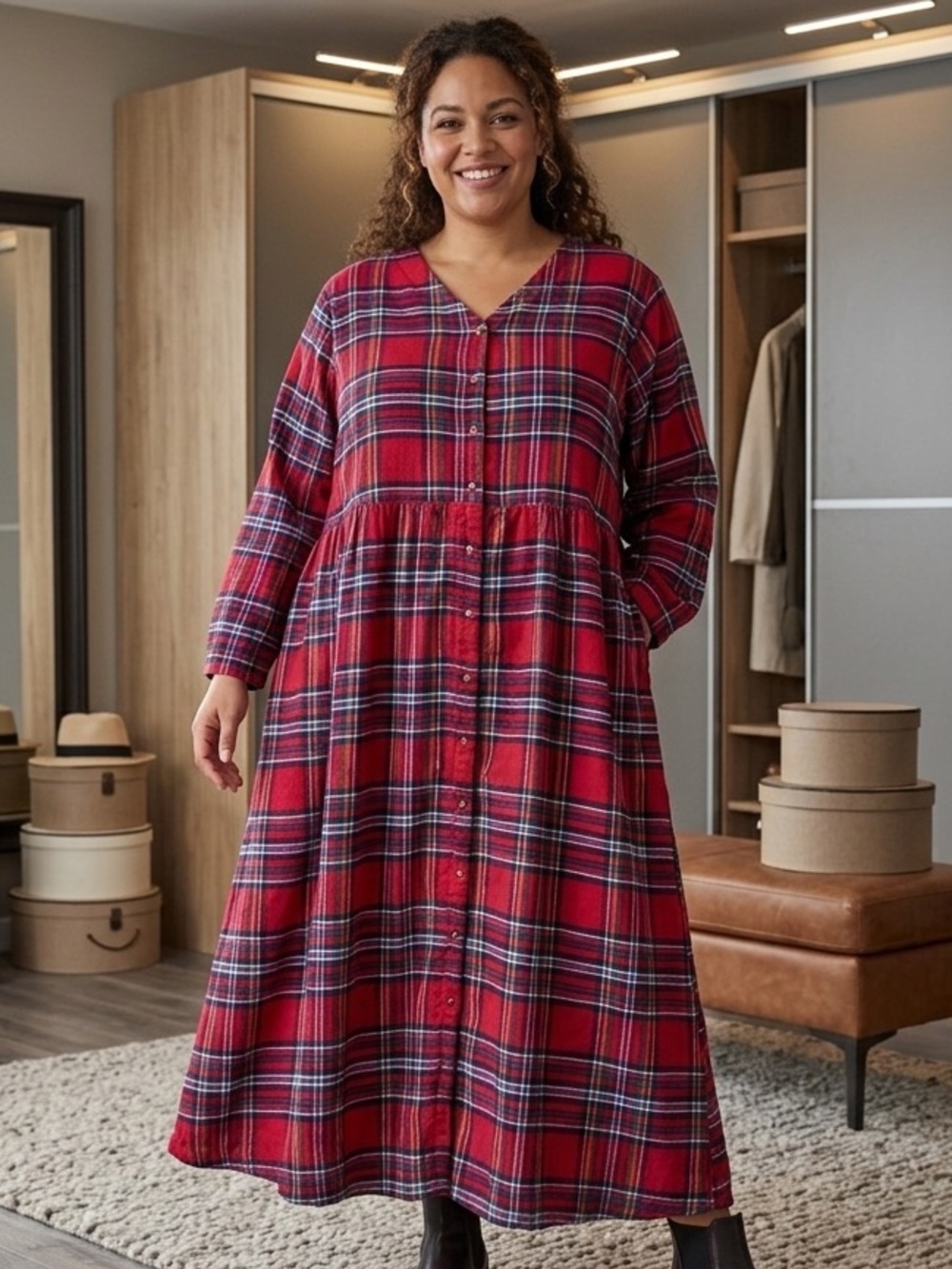 Only Necessities Women's House Dress Red Plaid 4X Kaftan Muumuu Patio Snap Front